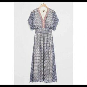 Anthropologie Vineet Bahl Oda Embroidered Maxi Dress Blue Short Sleeve 12 NWT